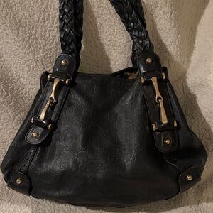 Authentic Gucci Black Braided-Handle Shoulder Bag with Gold Hardware